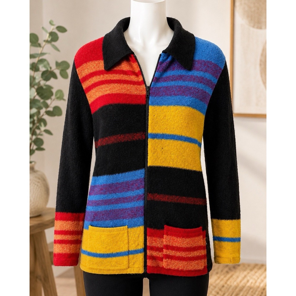 Vintage Egocentric Multicolor Striped Zip Cardigan Sweater Jacket Women's M Wool
